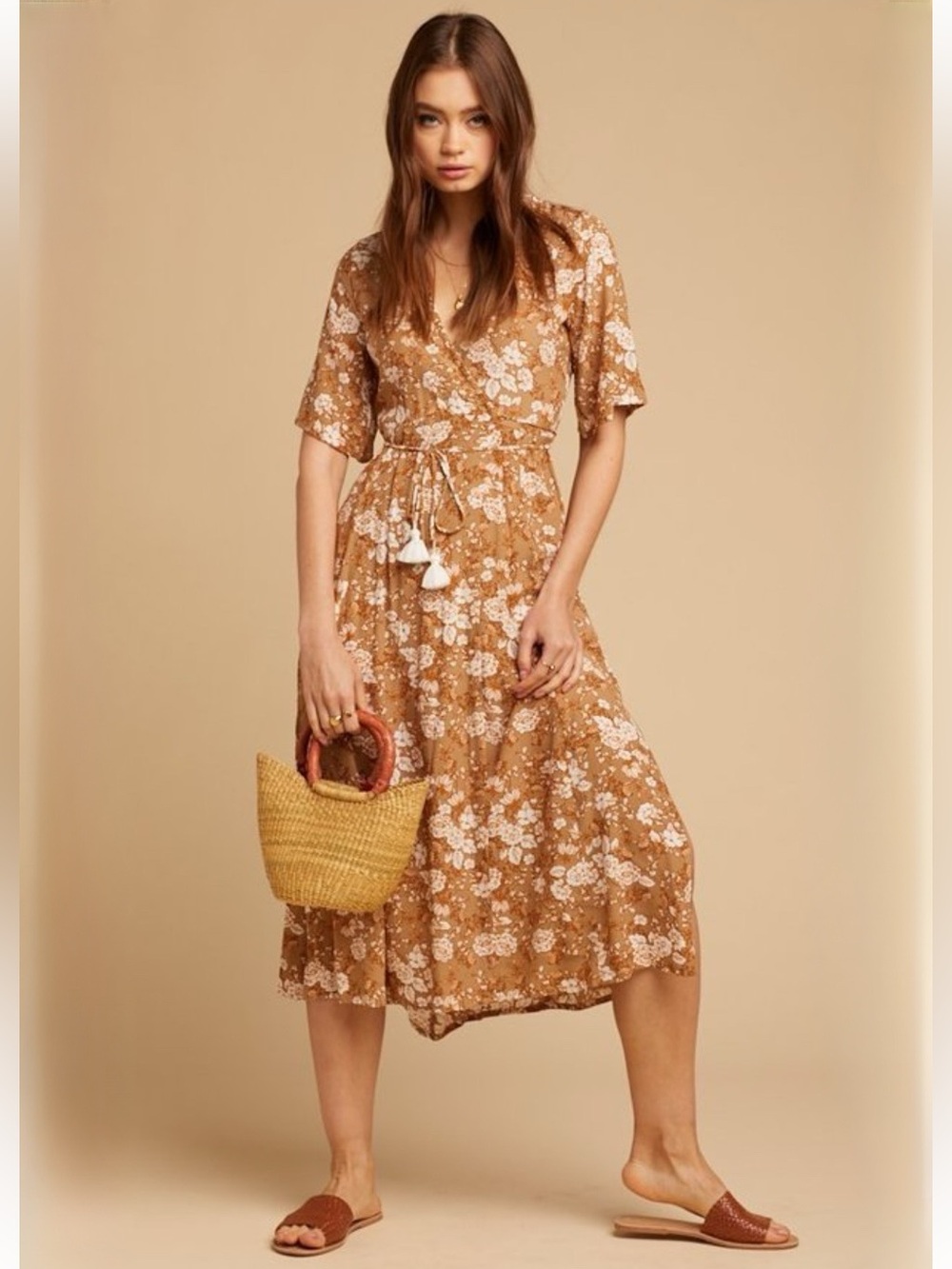 Faithfull The Brand Floral Wrap Midi Dress Brown & Ivory Boho Size S